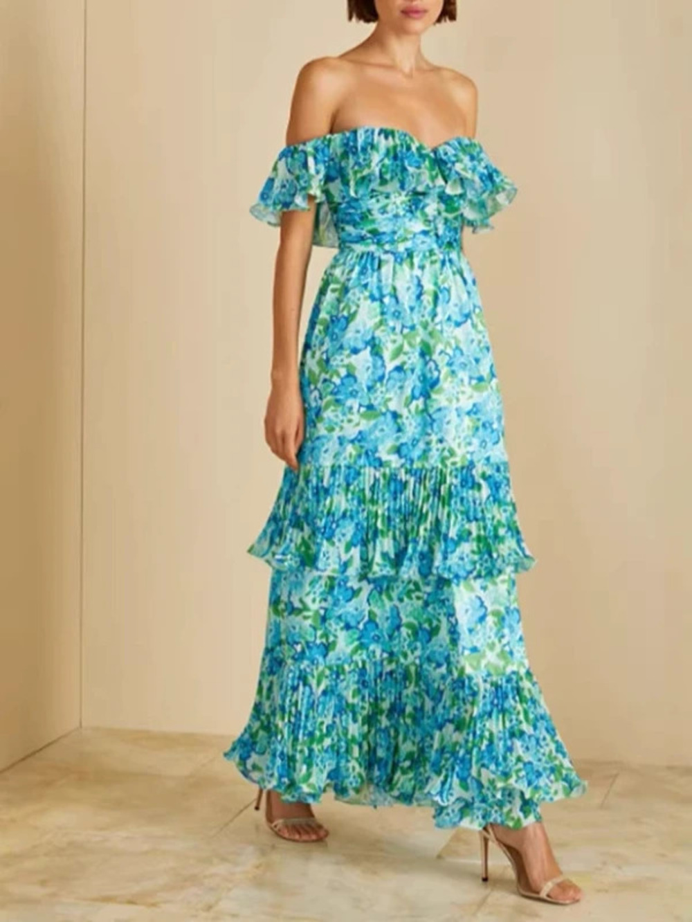 ZARA Elegant Summer Strapless Sleeveless Printed Tulle Ruffle Fitted Dress